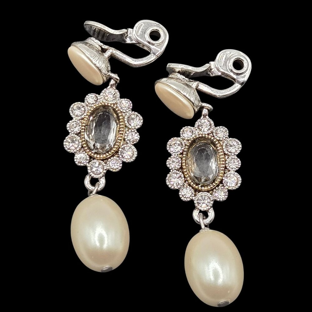 VTG Earrings MONET Bridal Glam SilverTone Faux Pearl Dangle Drop Elegant‎ STMT